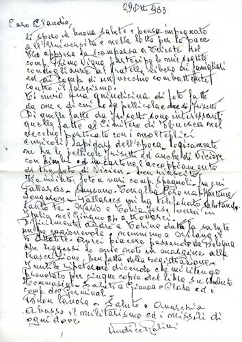 Lettera di Vindice Rabitti a Claudio Venza del 29 ottobre 1983