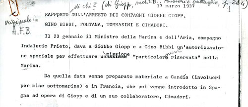 Relazione di Giobbe Giobb sul suo arresto insieme a Tommasini, Bibbi, Fontana, Cimadori nel 1937 a Valencia