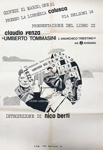 Locandina presentazione "L'anarchico triestino" alla Libreria Calusca di Padova, 1985.