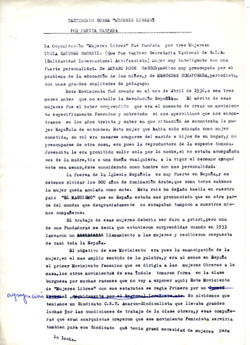 Relazione di Pepita Carpeña sull'organizzazione "Mujeres Libres" 