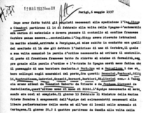Relazioni della polizia politica italiano sull'arresto di Tommasini e Bibbi a Valencia nel 1937